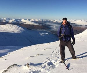 James Barnet, Science Editor for Rockwatch Magazine climbing Carn Mor Dearg, the 9th highest mountain in Scotland and the neighbour to Ben Nevis (near Fort William)